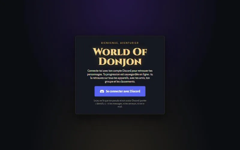 Page d'accueil de World of Donjon : l'écran de connexion avec un compte Discord